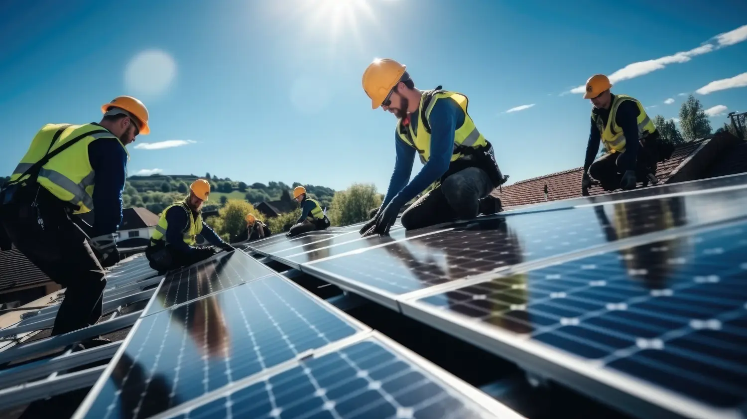 Eine Gruppe von Arbeitern installiert Solar-Photovoltaik-Module auf dem Dach eines Gebäudes, Arbeitsplätze für nachhaltige Energie.