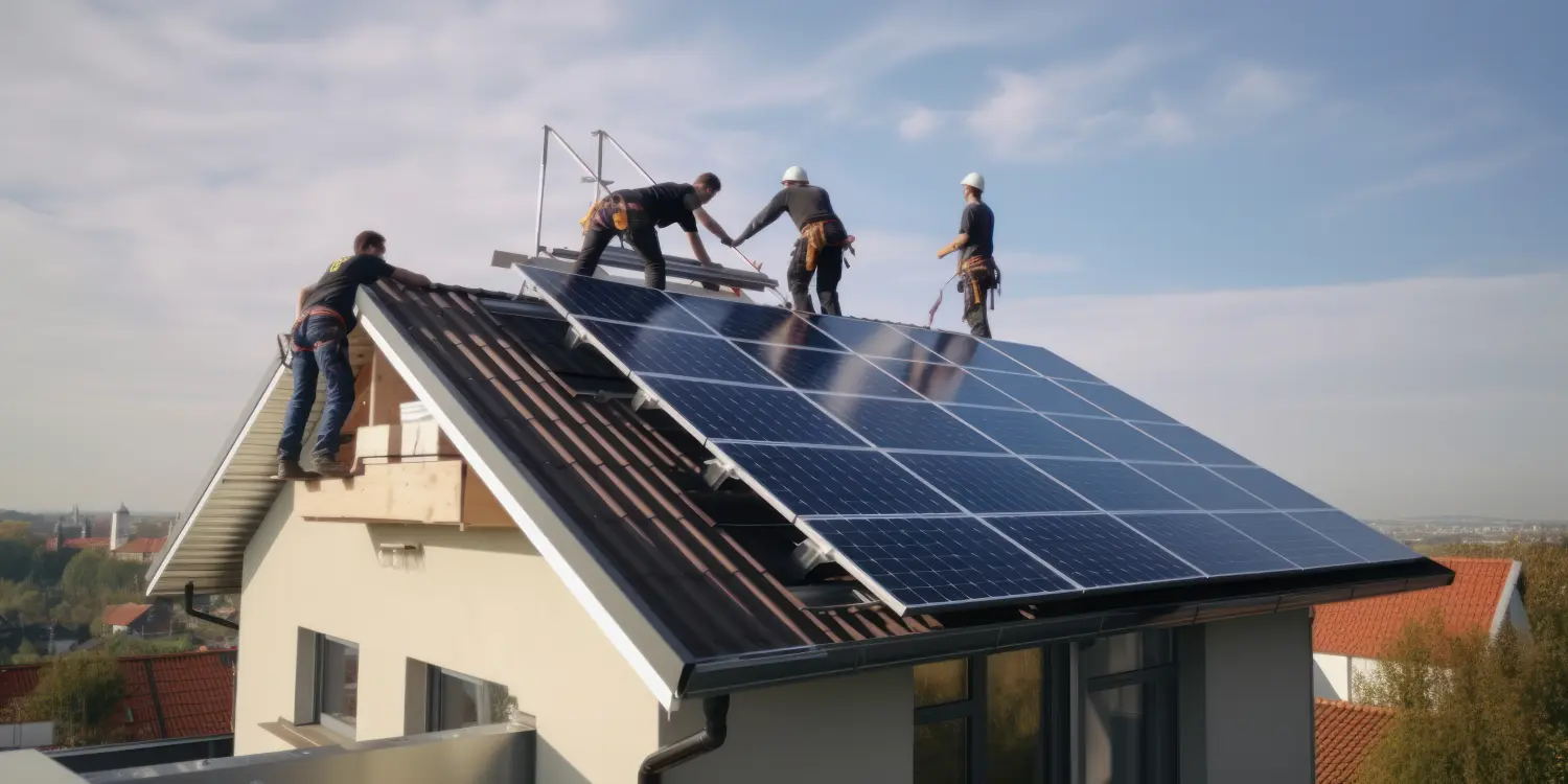 Arbeiter installieren Photovoltaik-Solarmodule